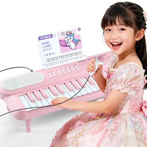 アップグレードされた子供用ピアノ鍵盤玩具: ピアノの外観、鍵盤、機能、スピーカーをアップグレードしました。ピンク色の外観は女の子への贈り物に最適です。37の黒鍵と白鍵は、5つの打楽器、4つの楽器、4つのリズム、10曲を追加するだけでなく、お子様に演奏の機会を増やします。これは、お子様の音楽の才能の開始のための最高のピアノのおもちゃになります! 多機能電子音楽玩具: OKON "キーを押すと、お子様は全体の曲を再生することができ、音楽のお子様の愛を刺激するでしょう、もう一度押すと、それはピアノモードに戻ります。ALL/SEL "キーを押すと、ピアノは10曲を演奏し、お子様は打楽器の音でリズムを演奏することができます。REC "キーを押すと、ピアノは録音を開始し、"PLAY "キーを押すと、録音された曲を再生します。 お子様のためのDIYピアノ楽器: お子様にDIYピアノシール、楽譜、譜面台、マイクをプレゼントし、お子様は鍵盤シールを貼ったり、楽譜の曲に合わせて演奏したり、マイクで歌ったりすることができます。(楽譜スタンド、マイク、キックスタンドはピアノの後ろに収納されています)。