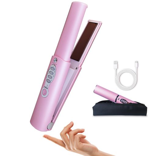 旅行用小型ヘアストレート&カーラー2in1ショートヘア対応ポータブルストレートアイロン、USB-C充電急速加熱、防熱カバー付き、家庭/旅行/出張/通勤用贈り物(ピンク)