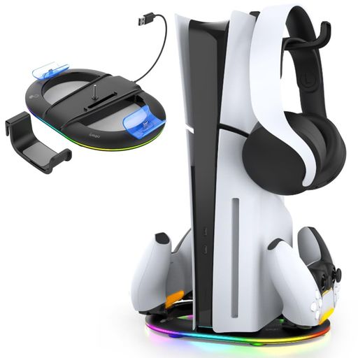 PS5PRO/PS5SLIM対応縦置きスタンドコントローラーデュアル充電対応PS5PROコントローラー充電ドックPS5PROコントローラー充電スタンド2台同時充電充電指示ランプ付RGB照明モード(BLACK)