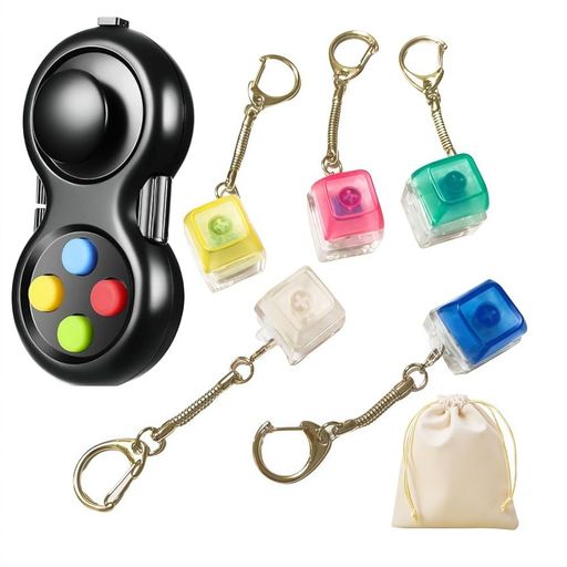 【高品質素材】肌に優しい高品質のABS素材、便利なナスカンキーリング、手の中にすっぽり収まる手のひらサイズのストレス解消キーボードは耐久性が高いので、長期間使用できます。電池や充電不要! 【手軽なリフレッシュ】手持ち無沙汰な時やストレスを感じた時に、爽快感のある心地よい打鍵感で集中力を高めたり、ストレスを軽減したり、そわそわする気持ちや不安を和らげます。 【贅沢な6点セット】「カチッ」という大きなタイピング音が響く青軸が3点、周りが気になる方のための静音白軸タイプが2点、ボタン、スイッチ、ギア、レバー、コントローラーなど多様なギミックが仕掛けられているカラフルなフィジェットパッドが1点、お得な6点セット、好みに合わせて使い分けることができます(Aセットは1key5点のみ、 B商品はフィジェットパッド1点のみ)。 【ポータブル】ストラップ式で、かばんや鍵などに付けれるキーリング付き!スマホや鍵のキーホルダーとしても使えます。
