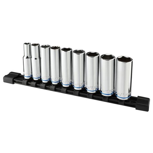 【セット内容】差込角9.5mmのディープソケットセット*9点組:8、10、12、13、14、15、17、19、21mm。収納ホルダー付。 【材質】高品質鋼材に熱処理され、堅牢で耐久性に優れています。表面処理としてクロムメッキを施して耐食性も抜群で外観も綺麗です。 【普通のソケットと比べ】ねじ部分が長い場合には、普通のソケットではナットまで届きません。ディープソケットが長いので、奥まった場所での作業に最適です。 【ソケットホルダー付】ワンタッチ操作で、簡単にソケットを取外せて、確実にソケットを取付けられます。紛失防止し、携帯と保管しやすいです。 【使用場面】各種ボルト・ナット・ネジの締付け、緩め作業できて、車やバイクなど、自動車業界に基本的な工具です。機械などの点検や補修工具としても一般産業に広く使用されています。