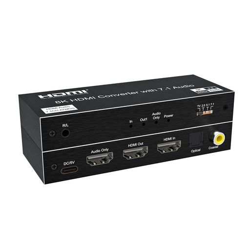 【HDMI2.1 音声分離】パソコンや各種 HDMI 映像機器の HDMI 信号から音声信号を分離し、光デジタル信号・アナログ音声信号に変換して出力する HDMI オーディオ分離器です。音声出力先は 3.5mm 音声ジャック、Toslink SPDIF、同軸端子、HDMI オーディオ専用ポートに対応しています。 ※HDMI 映像出力ポートからも音声信号が出力されます。音声が不要な場合は、接続先ディスプレイの音量を 0 に調整してください。 【8K@60Hz / 4K@120Hz 高解像度対応】HDMI2.1 規格に対応し、最大 8K@60Hz の解像度をサポート。4K@120Hz、4K@60Hz、4K@30Hz、フル HD (1080P) などに後方互換性があります。フル 48Gbps 帯域、VRR、HDCP2.3 に対応し、HDMI2.0 / HDMI1.4 機器でもご利用いただけます。 ※8K@60Hz、4K@120Hz で出力するには、Ultra ハイスピード HDMI ケーブルが別途必要です。