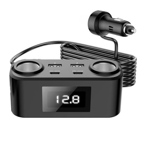ZUKIDA100W車の充電器シガーライターアダプター急速充電LED表示電圧12V/24V車用充電器シガーソケット2連12V24VPD35Wスマート識別(Black-2連)