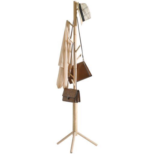 YMYNYポールハンガー木製ラバーウッド安定三角形ベース高さ175cm三段階調節8つフック組み立て簡単コンパクト帽子・カバン・洋服掛けコートハンガーハンガースタ...