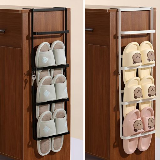 スリッパラック壁掛け【4足収納】3wayスリッパ収納下駄箱扉&引っ掛け式スリムスリッパホルダー黒サイド..