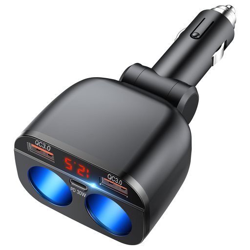 シガーソケット増設OOWOLFシガーソケット2連PD30W急速充電カーチャージャーUSBデュアルQC3.0ポート車載充電器120W2ソケット12V/24V車対応LED付オート電圧測定スマート識別取り替えヒューズ2個付き