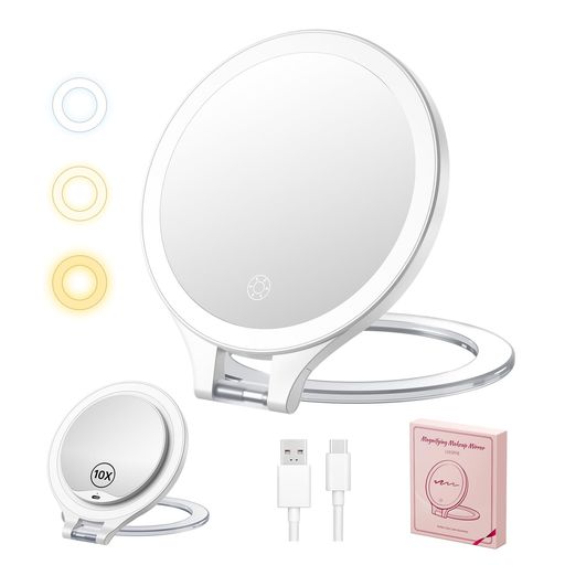 LEDライト付きミラーLuxspireLEDライト鏡化粧鏡手鏡タイプ女優ミラー折り畳み卓上壁掛けハリウッドミラーメイク鏡携行省スペース角度調節可能拡大機能付き3種類の色温度輝度無段階調節タ…