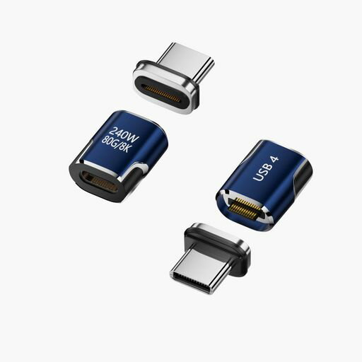 USB-CTypeCマグネット変換アダプタブルーI字型サンダーボルト3雷電40Gbps高速データ転送8K動画転送24ピンマグネットコネクタ磁石コネクタ240W/5A8K/60Hz映像出力対応断線防止PD急速充電対応