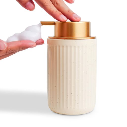 LAZEENOOKソープディスペンサー泡セラミックハンドソープディスペンサーソープボトル容器おしゃれ手動押しタイプ台所キッチン洗面所トイレお風呂場などに適用(ベージュとゴールドのポ…