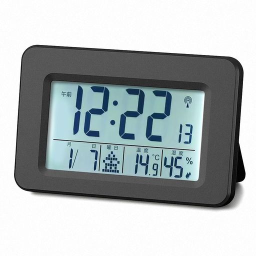 電波時計置き時計目覚まし時計温度湿度計LEDバックライトデジタル掛け時計カレンダー日付・曜日表示単4形電池対応寝室・卓上用本体サイズ:13.6x9x2.1cm(ブラック)