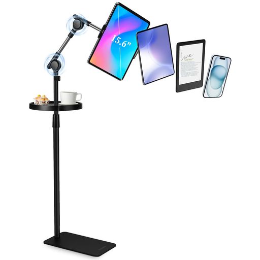 SHUWEIタブレットスタンド床置き独自開発の自動ロック装置高さと角度自由調整最高160cmアルミ合金折りたたみアーム360度回転本体重量3.5kg耐荷重5kg4.7-15.6インチのスマホ/タブレット/モバイ…の商品画像