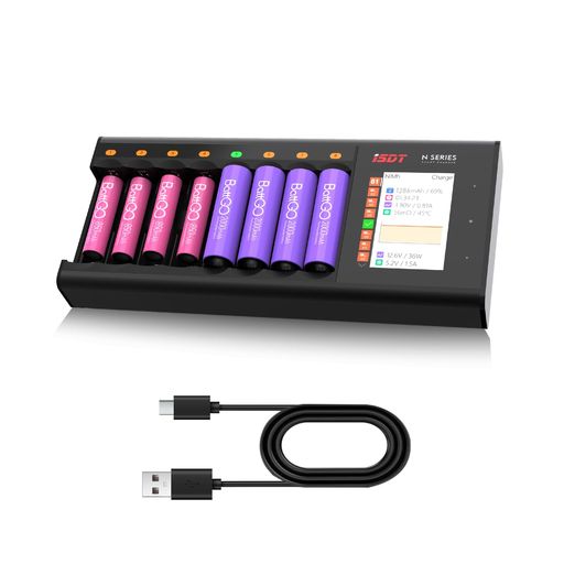 【究極のユニバーサルAA/AAAバッテリー充電器】この先進的な充電器は、各スロットに最大15Aの電流出力を可能にする独立したマルチチャンネルを備えており、AA/AAAバッテリーを簡単に充電できます。急速充電の利便性を享受し、フル充電にかかる時間はわずか90分です(実際の時間はニッケル水素電池の容量によって異なる場合があります)。充電器の入力電圧範囲は5-12V、入力電力は18Wで、USB TYPE-C経由で簡単に給電できます。充電器は非常に効率的で信頼性が高く、AA/AAAバッテリーの使用を便利で環境に優しいものにします。 【最先端のIPS液晶ディスプレイ充電器】N8充電器は、鮮やかなフルカラーLCDと使いやすいタッチパネルを備えています。大画面に表示される詳細な情報で、単3/単4電池の充電プロセス全体を目撃できます。電圧、電流、充電時間、モード、バッテリータイプ、内部抵抗、充電されたバッテリー容量を簡単にモニターできます。この充電器は、あなたの便宜のために簡単なセットアップとマニュアル操作モードを提供しています。 【多機能なスマート充電器】 N8充電器は、最高の効率と安全性を追求して設計されています。