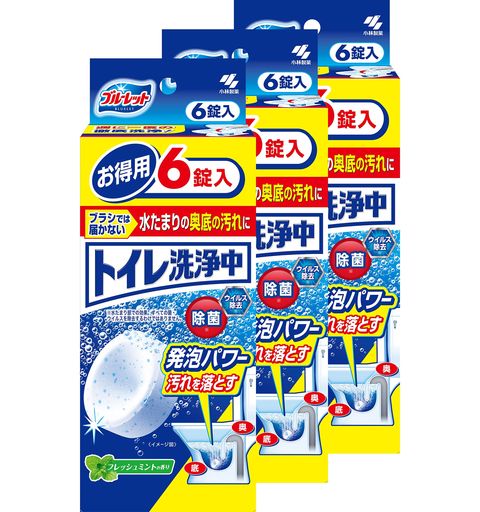 トイレ 【週に1度の徹底洗浄!】効果的なトイレ洗浄剤を求める方におすすめな「トイレ洗浄中」。トイレブラシでは届かない水たまりの奥底の汚れにも、洗浄つぶ入り発泡錠が届き、奥の黒ズミ・黄バミ・水アカを落とします。ポン! と入れるだけで、しっかりと清潔なトイレを維持できるトイレ洗剤です。手間をかけずに徹底的にトイレの便器を掃除をしたい方におすすめです! 【ポン! と入れるだけ】 小林製薬の「トイレ洗浄中」は、忙しい日常にぴったりのトイレ洗浄剤です。ポン! と便器に投入するだけで、トイレ掃除の手間を削減できる洗剤です。トイレ掃除で便器や浄化槽をいためる心配はありません。トイレ洗剤「トイレ洗浄中」が、忙しい日々を送る方の負担を軽減します。 【トイレの臭い対策にも】 トイレの悪臭対策にはトイレ洗剤「トイレ洗浄中」が最適です。トイレ洗浄剤として悪臭の発生源となる汚れをしっかりと落とし、嫌な臭いの発生を防ぎます。また、除菌・ウイルス除去効果もあるトイレ洗剤です。※水たまり部での効果。すべての菌・ウイルスを除去するわけではありません。