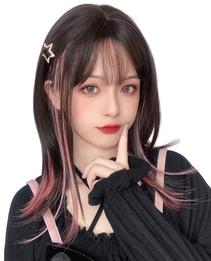 LIMAKARAウィッグ セミロング ストレート インナーカラー ピンク グラデーション ロング ミディアム フルウィッグ ロリータ WIG コスプレ サラサラ ぱっつん 女性 小顔 自然 ネット付き ツートンブラックピンク