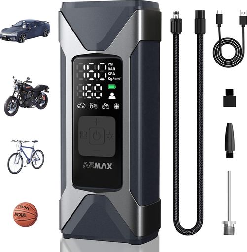 【2500mAhx3大容量バッテリー・LEDライト搭載】 2500mAhx3構成の大容量バッテリーを内蔵し、電源コードを接続せず、外出先でも手軽に使用できます。上部には高輝度LEDライトを搭載。夜間の空気入れやタイヤ周辺の確認、暗い場所での作業や緊急時の警告灯としても役立ちます。 【設定を自動保存・デュアルディスプレイ】 一度設定した空気圧を自動で記憶するため、次回の起動時に同じ数値を設定し直す必要がありません。デュアルLEDディスプレイには、設定した目標空気圧と現在の空気圧を同時に表示。充填モード、圧力単位、バッテリー残量もひと目で確認できます。PSI・kPa・BAR・kg/cm2の4種類の単位に対応し、用途に合わせて簡単に切り替えられます。 【最大160PSI・自動停止で入れすぎを防止】 最大圧力160PSI、最大吐出量26L/minに対応。希望する空気圧を設定してスタートすると、設定値に到達した時点で自動的に停止します。空気の入れすぎを防ぎ、空気圧の調整に慣れていない方でも簡単に使用できます。スマート冷却システムを搭載し、使用中の本体内部の過度な温度上昇を抑えます。
