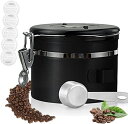 コーヒーキャニスター800mlコーヒー豆保存容器密封容器交換用バルブ付きスプーン付き200g茶筒お菓子糖香料日付表示防湿保存缶ブラック