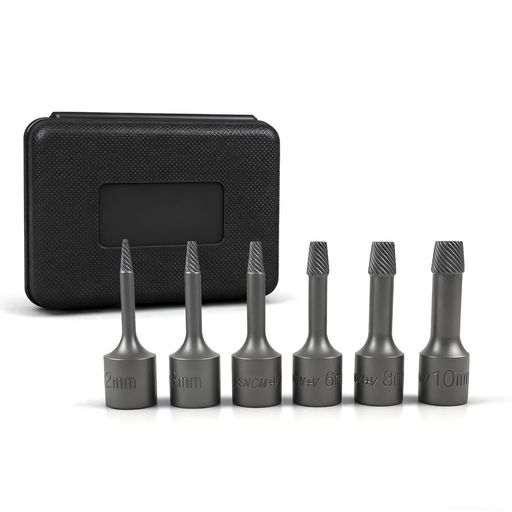 【多サイズ対応】6種類の標準サイズ(2mm・3mm・4mm・6mm・8mm・10mm)をセットでご用意。様々な現場で即座にご使用いただけます。 【ボルト互換性】M5/M6/M8/M10~M12/M14~M16/M18~M20対応。多様なボルトサイズに柔軟に対応可能です。 【製品仕様】全長60mm、差込角3/8インチ(9.5mm)。堅牢な設計で高い耐久性を実現。 【簡単操作】ドリルで下穴を開け、本体を挿入してソケットレンチで回転させるだけで、折れたボルトをスムーズに除去できます。 【広範な用途】損傷・錆び・なめり・折れなどで取り外しが困難なボルト(ネジ)や、スパークプラグの除去に効果的。自動車整備や機械メンテナンスに最適です。