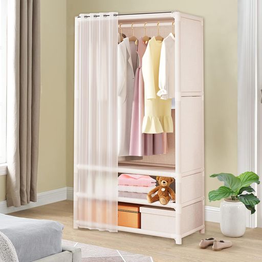 Anfiodasワードローブ簡易ポータブル組立クローゼットカバー付きドアカーテン付き多機能ハンガーラック..