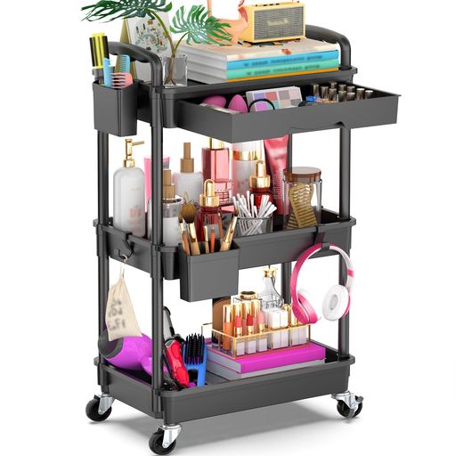 Goovillaキッチンワゴンローリング3段引き出し付きハンドル付き収納カップ仕切板付き多機能小物隙間収納バスケットラックバスルームオフィスキッチン用収納ワゴン幅37.8x奥行26.9x高さ75.9c…