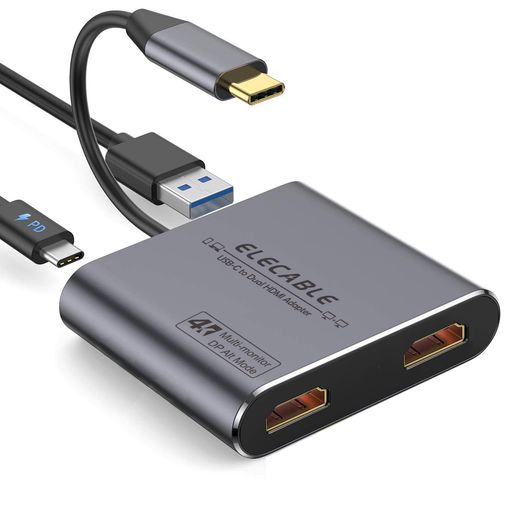 USB C - デュアル HDMI アダプター 4K、USB+PD 充電+2 HDMI 4 IN 1、MAC/IPAD PRO/SURFACE/CHROME/SWITCH/スマートフォン など対応. TYPE C/USB C/THUNDERBOLT