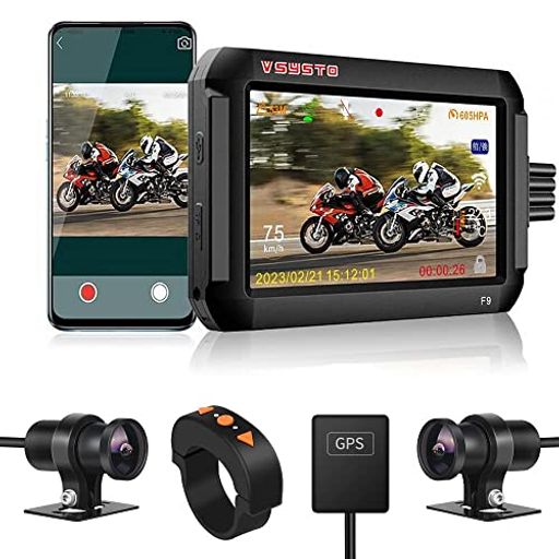 VSYSTO バイク用ドライブレコーダー 前後カメラ 防水 WIFI 200万画素 S-ONY307センサー STARVIS暗視 1080P 4インチ 150°広角 コ ストップウォッチ機能 スピード違反警報 Gセンサー 駐車監視 加速計測機能