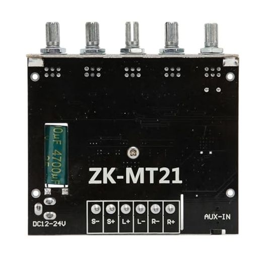 【商品仕様】材質: PCB;動作電圧: DC12-24V;BT バージョン: 5.0;入力感度: 500mV;サウンド入力: BT + Aux;チャンネル数: 2.1 チャンネル;出力電力: 2 x 50W (左および右チャンネル) + 100W (サブウーファー);適用スピーカー: 15-100W、4-8Ω;パッケージリスト: アンプボード x 1、カバー x 1、底板 x 1、アダプター x 1、ドライバー x 1、ノブカバー x 5、ネジ x 8、短いネジ柱 x 4、長いネジ柱 x 4 【取り付け簡単】ステレオパワーアンプボードは取り付けと使用が簡単で、安定した高速接続と幅広い互換性を提供します。 【調整可能】このサウンドアンプはさまざまなニーズを満たすのに十分で、周波数、音量、高音、低音などを調整できます。 【入力と出力】パワーアンプボードは AUX+BT 音源入力をサポートし、サブウーファー + 左右のチャンネル出力をサポートします。 【ガード機能】高出力アンプボードには、逆接続防止、過熱ガード、過電流、短絡ガードが備わっています。
