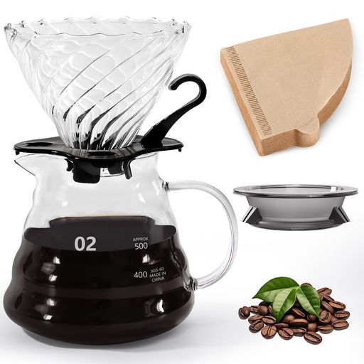 FGIUKCコーヒーサーバー耐熱ガラスプラスチックラックコーヒードリッパー600ml目盛付き2~4人用コーヒードリップ器具フタ付きガラス製ハンドルハンドドリップコーヒーサーバーカフェ喫茶店