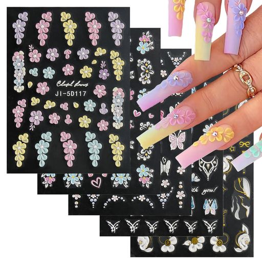 ネイルシール桜花5枚セット3D可愛いカラフル花柄蝶蝶々春夏おしゃれネイルステッカー極薄貼るだけ貼り紙ネイルパーツシールジェルネイルネイルアートデコパーツDIY(...