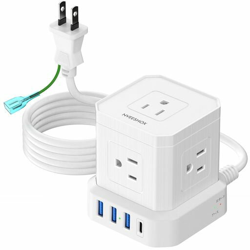 電源タップType-C付き延長コード3Mミニキューブ型NVEESHOXコンセントusb付雷ガード5個AC口4個USBポートたこ足配線テーブルタップOAマルチタップ机の下壁掛け安全保護機能自宅用会社用ホワイト