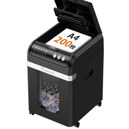 bonsaiiオートフィードシュレッダー200枚業務用静音マイクロカット大容量31Lカード/ホチキス対応自動節..