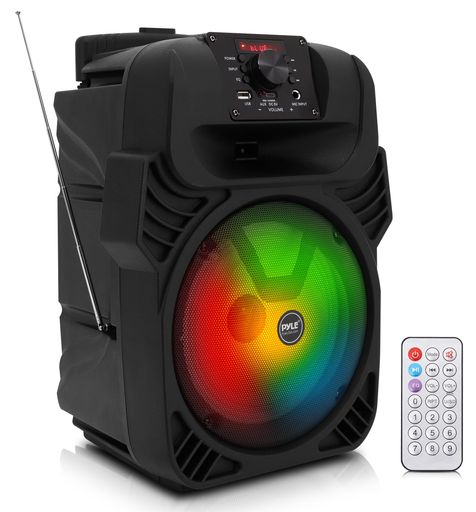 【Pyle400WポータブルBluetoothPAスピーカー】-8インチサブウーファーシステム、4Ω/55-20kHz、USB/MP3/FMラジオ/1⁄4マイク入力、マルチカラーLEDライト、リモコン付き充電式バッテリー内蔵