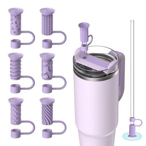 Rakuten - VOGOGE ストローキャップ 6個セット 吸盤付き スタンレー(Stanley)タンブラー 30/40oz 対応 9〜10mm ストロートッパー パープル