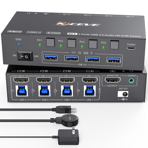 【KVMスイッチ 4ポート】HDMI 4ポートKVMスイッチは、4台のデスクトップ/ノートパソコンを切り替えて操作できます。1組のキーボードとマウスで4台のコンピューターと1台のモニターを操作できるため、モニター、キーボード、マウスを追加購入する必要はありません。KVMスイッチ 4ポートは、デスク周りの整理整頓とオフィスの効率向上に役立ちます。HDMI KVMスイッチ 4ポートは、オフィスや在宅勤務に最適です。 【8K@60Hz &amp; 4K@120Hz】このUSB 3.0 KVMセレクターボックスは、最大8K@60Hzと4K@120Hzの高解像度に対応し、より繊細でリアルな画像を実現します。低解像度との下位互換性も備えています。USB HDMIスイッチ 4入力1出力は、ウルトラワイドモニターにも適しています。当社のKVMスイッチ 4台 1モニターはHDMI 2.1に対応しています。ちらつきや黒い画面の問題を解決するには、1メートル未満の高品質8K HDMIケーブルをご使用ください。