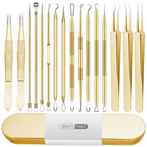 角栓ピンセット精密ピンセット角栓取り毛抜き16本セットステンレス製ニキビ針工具先端幅 0.1mmコメドプッシャーニキビ取りかくせんとり..