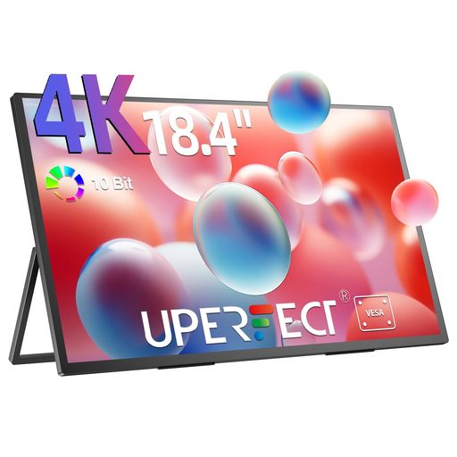 UPERFECT QLED モバイルモニター 18.4インチ 4K 自立型 スタンド付き 大画面 ポータブルモニター 3840*2160 UHD 300nit輝度 非光沢 IPS 液晶パネル ブルーカット モバイルディスプレイ VESA対応 薄型
