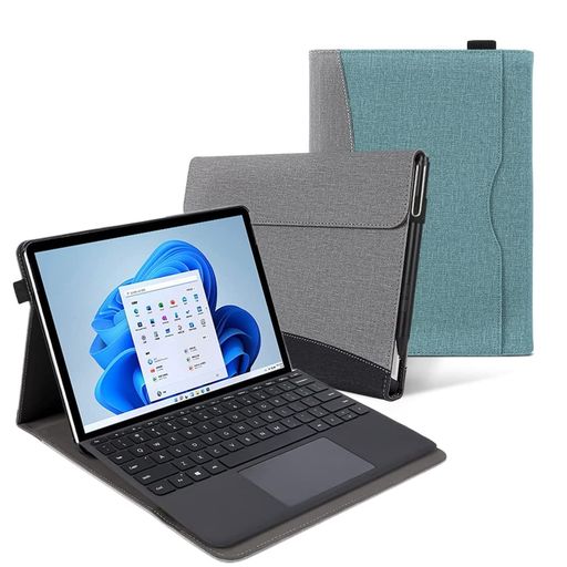 SurfacePro8ケース手帳型ペンホルダー付き【キーボード付も収納可能】横開き保護カバースタンド機能付き多角度調整可能軽量薄型キーボードと互換性ありスマート耐衝撃カバー(SurfacePro8青い)