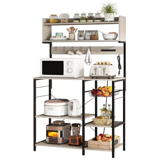 LYNCOHOME幅90ワイドレンジラック計4口コンセント付きUSBポート付きレンジ台レンジボード食器棚キッチンラックキッチン収納大型レンジ対応収納バスケット付き網かご付き(グレージュ北欧…