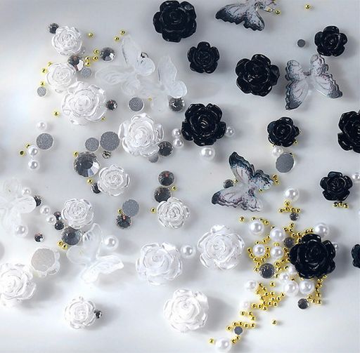ネイルパーツ花約200個セット3D立体大きいお花パーツ黒白クリアカメリア椿バラ蝶々ネイルパーツストーンブリオンパールネイルアートジ..