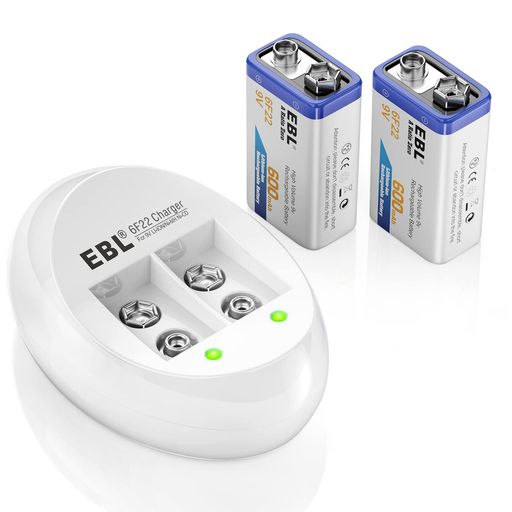 EBL 9V電池 充電式 2本電池充電器セット 9V充電池 600MAH 006P エネループ カメラ/時計/ラジオ/おもちゃ/ギター/屋内煙探知機に対応 9V電池充電器とUSBケーブル付き 9V充電池・充電器パック 防災電池