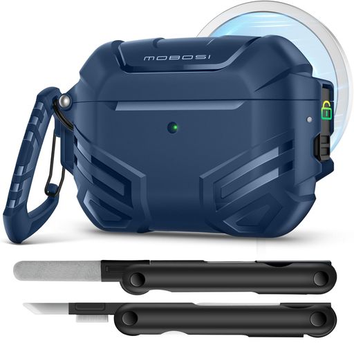 Rakuten - MOBOSIforAirPodsPro3ケースロック付き、AirPodPro第3世代ケース対応[MagSafe対応]、軍用規格保護カバー、クリーナーキット&キーチェーン付属、男性向け(2025)、ブルー
