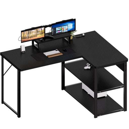 【ファッショナブルなL字ゲーミングデスク】スタイリッシュで高級感のあるL字型オフィスゲーミングデスクは、仕事やゲームの際に必要な機器の設置や配線の利便性を十分に考慮し、収納棚・コンセント・可動式モニター台・落下防止仕切り板など、多機能なデザ...