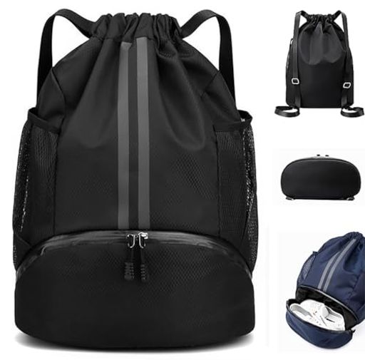 ジムサック・ナップサックプールバッグ女の子男の子小学生シューズ収納乾湿分離フィットネス巾着袋リュックビーチ遊びシンプル左右にメッシュポケット付き水泳部活動旅行修学運動男…