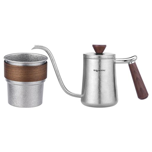 SOUUXIUチタンコーヒーポット300mlグースネックコーヒーポットドリップコーヒーメーカー木製ハンドル付きキャンプ用コンパクト設計蓋付きアウトドア