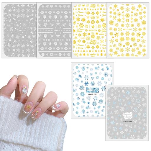 【雪の結晶 ネイルシール】様々なスタイルの雪の結晶やヘラジカ、雪だるまなど、冬やクリスマスの雰囲気を盛り込んだネイルシールです 【3D立体のデザイン】6枚セットのうち4枚は3D立体的なモデルとしてデザインされます。表面に3Dの凹凸設計で、雪の結晶の模様がよりリアルに見えます 【ぼかし色のシール】他の2枚は青と白のぼかしネイルシールです。青と白は冬のメインカラーとして、ぼかしネイルシールを爪に貼るととてもきれいです 【優れた粘性】ネイル用シールは粘性が強く、ピンセットで取り外した後は爪に直接貼ることができます。ご注意:破損防止のため,台紙から優しく丁寧にはがしてください 【幅広い用途】冬季には欠かせないネイルシールです。ネイルパーツだけでなく、レジン、スマートフォンケースやアクセサリー、クラフト装飾などにも使用可能です