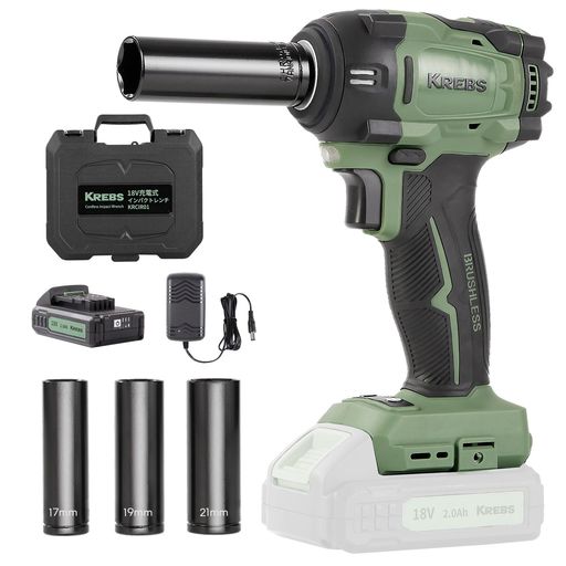 KREBS(クレブス) 電動インパクトレンチ 充電式 18V インパクトドライバー タイヤ交換 最大トルク350N.m ブラシレスモーター搭載 自動停止モード 正逆転両用 無段変速 1/2‘’トルクレンチ LED…
