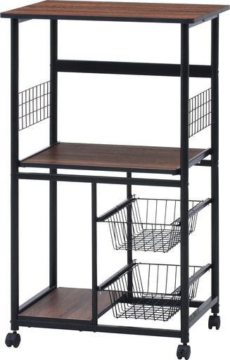 Rakuten - 不二貿易レンジ台キッチンラック幅60x奥行46x高さ103.5cmブラックブラウンスライド棚収納レンジワゴンキャスター付き14638