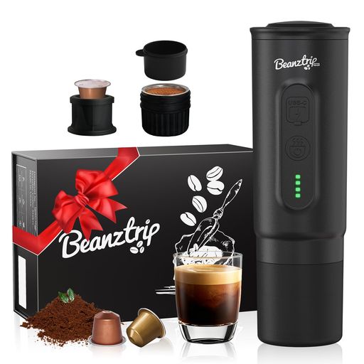 BeanzTrip(ビーンズトリップ)ポータブル電動エスプレッソマシン旅行用コーヒーメーカーキャンプ用車用コーヒーメーカー自己暖房USB-C付き挽いたコーヒー&NSカプセル付きハイキングオフィ…