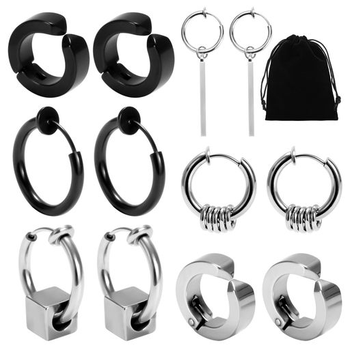 Akunszフェイクピアスノンホールピアスイヤリングイヤーカフメンズレディースフープピアスリング両耳用サージカルステンレス316L金属アレルギー対応シルバーブラック6ペア12個セット収…