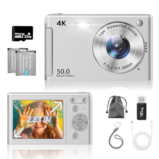 デジカメ【UHD4K動画撮影、アップグレードされた真の50MP画像】デジタルカメラ2.83インチLEDスクリーン32GBTFカード付きAFオートフォーカスコンパクトカメラ16倍ズームフラッシュ手振れ補正…