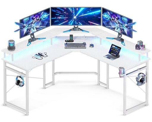 ODKゲーミングデスクコンセント付きパソコンデスク机幅129収納desk仕事用l字デスク在宅勤務組立簡単カーボン調ホワイト